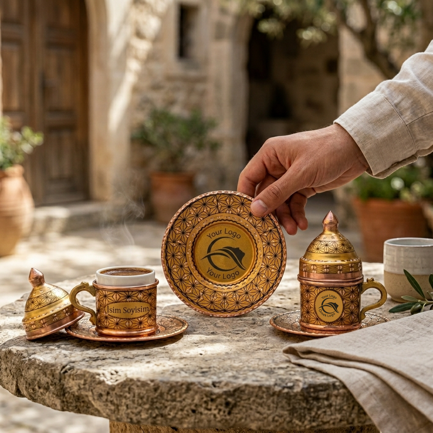 Kişiselleştirilebilir Geometrik Desen Bakır Kahve Fincanı İsim ve Logo İşlemeli Gold Renk