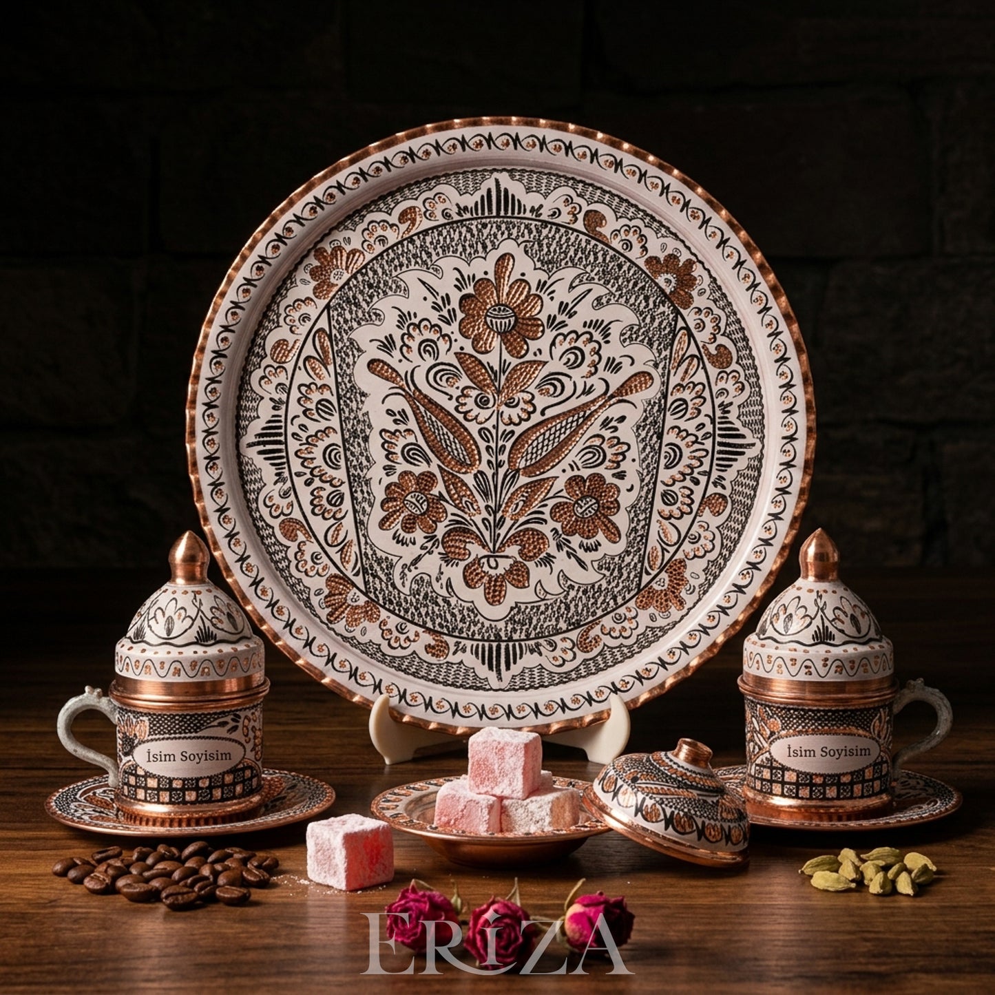 Kişiselleştirilebilir Geleneksel İşleme Bakır Kahve Takımı İsim ve Logo İşlemeli Beyaz Renk