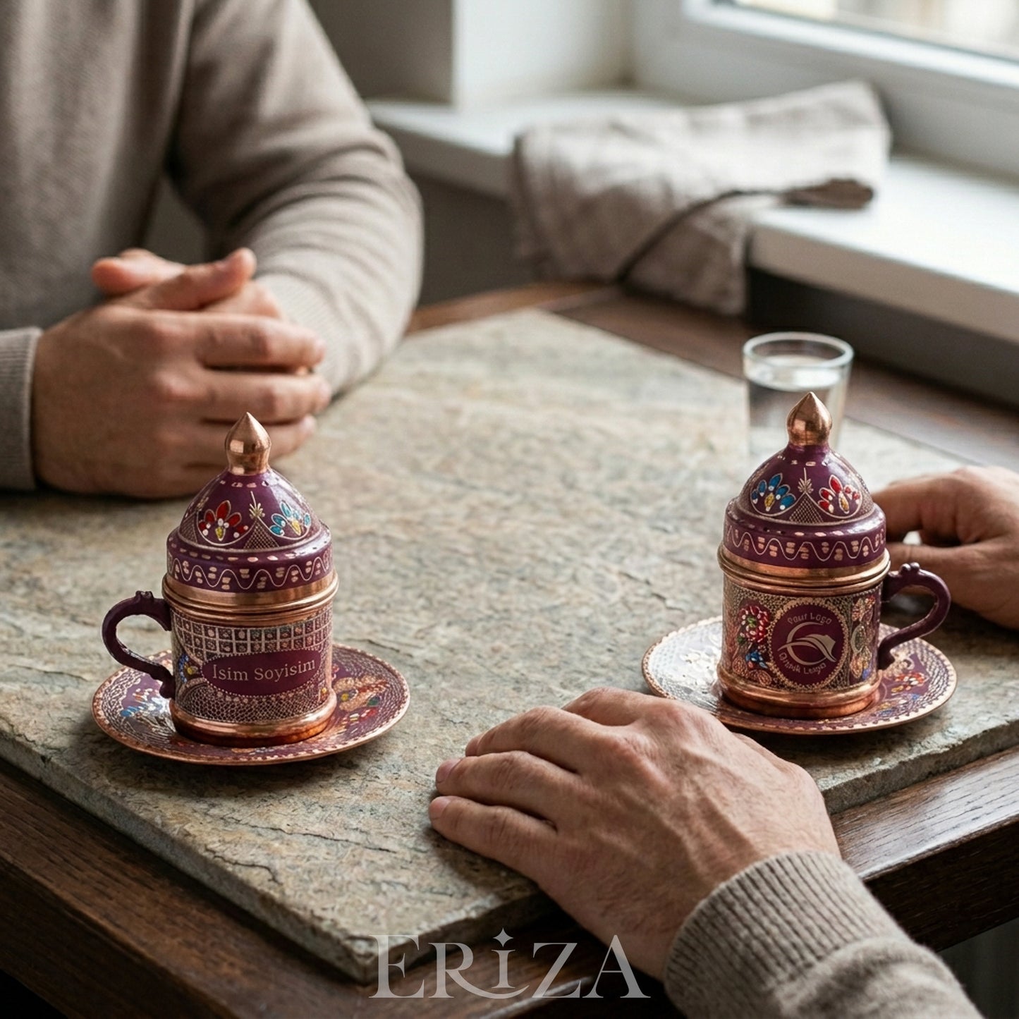 Kişiselleştirilebilir Geleneksel İşleme Bakır Kahve Fincanı İsim ve Logo İşlemeli Lila Renk