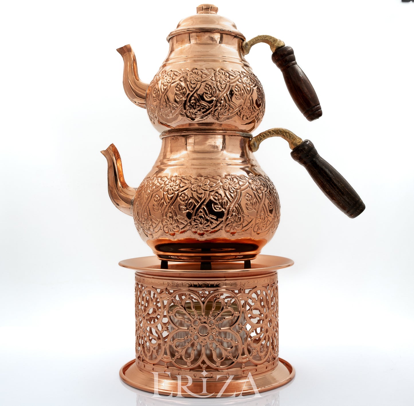 Kahramanmaraş İşlemeli Bakır İkili Çaydanlık Seti Altlıklı 1700 ml / 950 ml