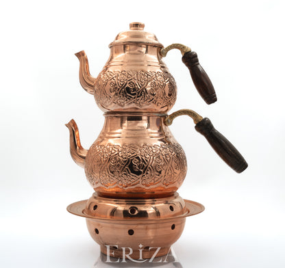 Kahramanmaraş İşlemeli Bakır İkili Çaydanlık Seti Altlıklı 1700 ml / 950 ml