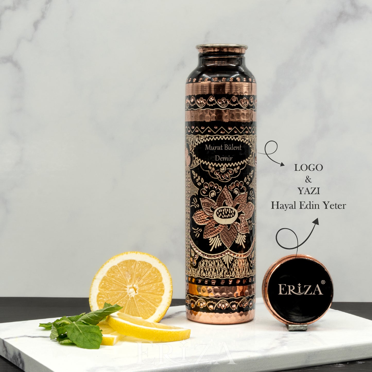 Siyah Kişiselleştirilebilir Kalaylı Bakır Su Matarası 530 ml