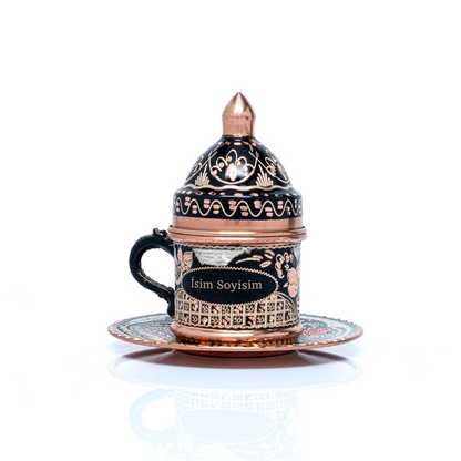 Kişiselleştirilebilir Geleneksel İşleme Bakır Kahve Fincanı İsim ve Logo İşlemeli Gold Renk