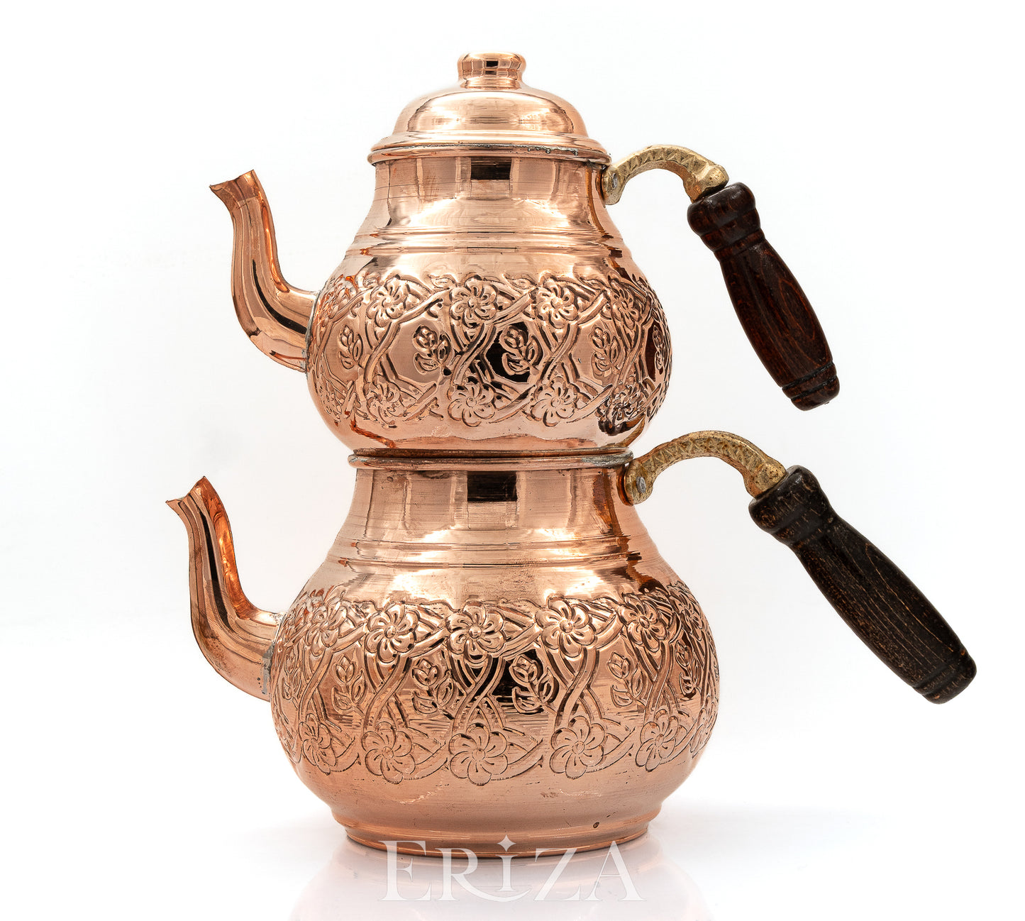 Kahramanmaraş İşlemeli Bakır İkili Çaydanlık Seti Altlıklı 1700 ml / 950 ml