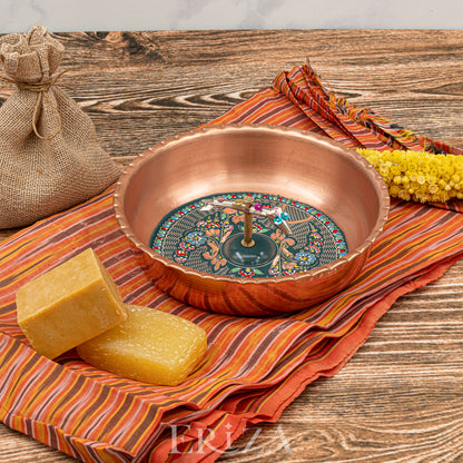 Yeşil El İşlemeli Balık Figürlü Bakır Hamam Tası