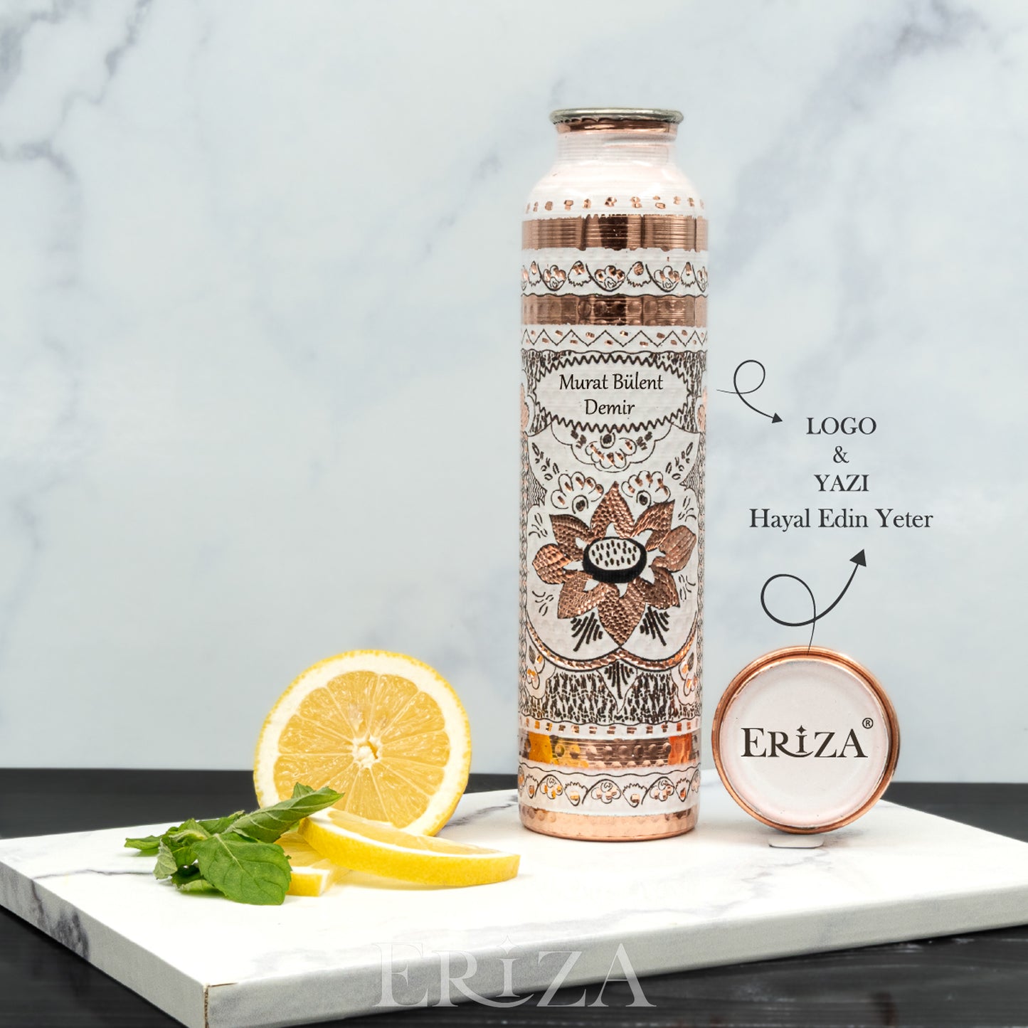 Beyaz Kişiselleştirilebilir Kalaylı Bakır Su Matarası 530 ml
