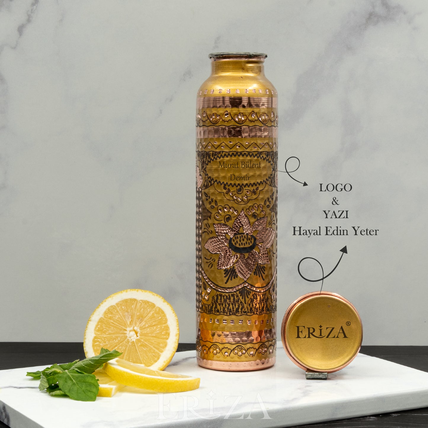 Gold Kişiselleştirilebilir Kalaylı Bakır Su Matarası 530 ml