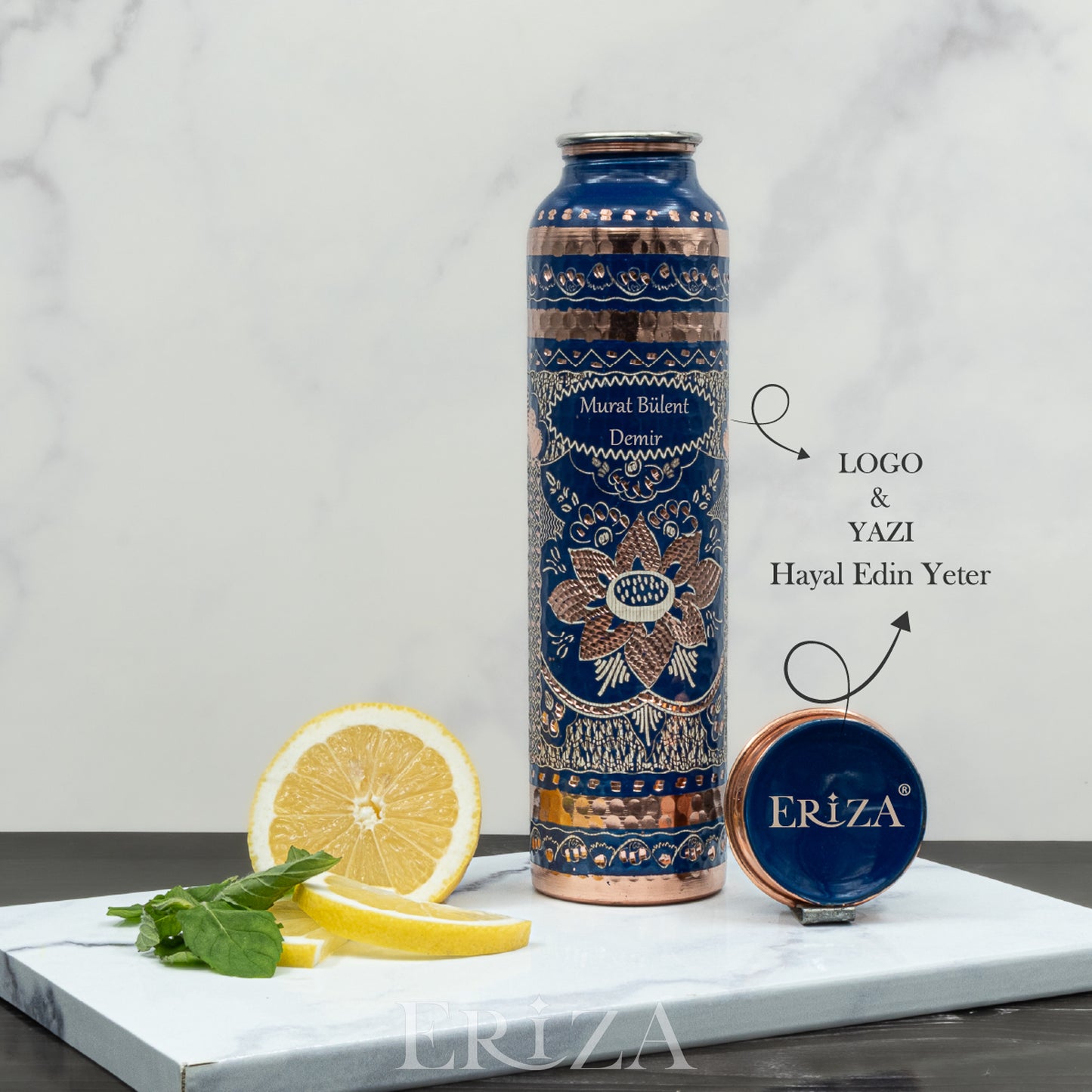 Mavi Kişiselleştirilebilir Kalaylı Bakır Su Matarası 530 ml