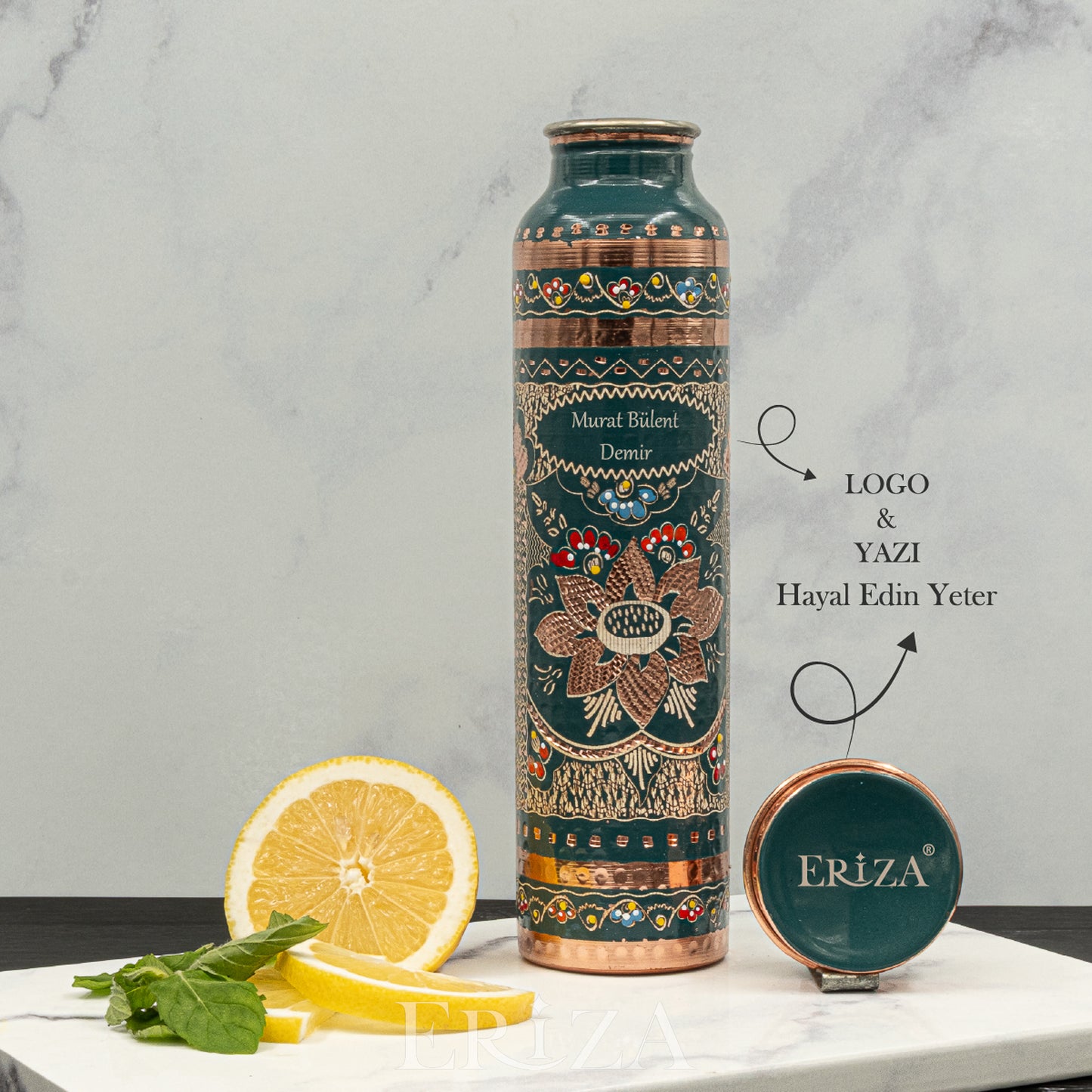 Yeşil Kişiselleştirilebilir Kalaylı Bakır Su Matarası 530 ml