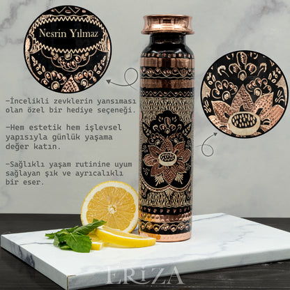 Siyah Kişiselleştirilebilir Kalaylı Bakır Su Matarası 530 ml