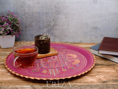 Bakır Yuvarlak Servis Tepsisi, 30/35 Cm, Lila