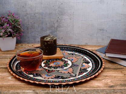 Bakır Yuvarlak Servis Tepsisi, 30/35 Cm, Renkli