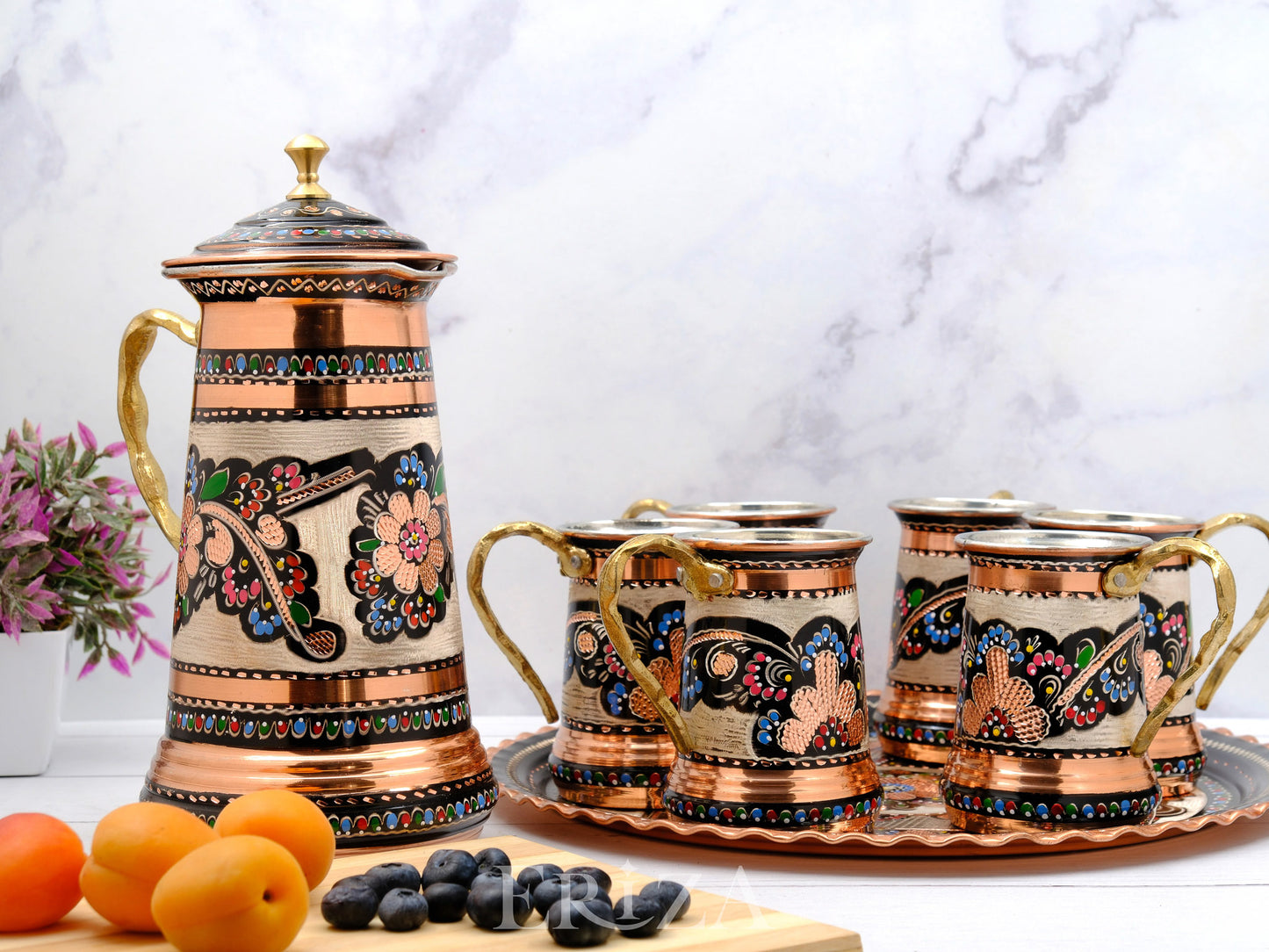 Kapaklı Bakır Sürahi ve Tepsili Bardak Takımı, Renkli