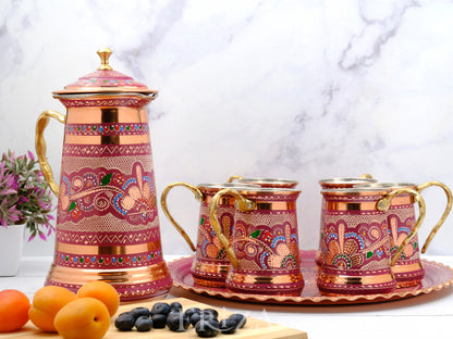 Kapaklı Bakır Sürahi ve Tepsili Bardak Takımı, Lila