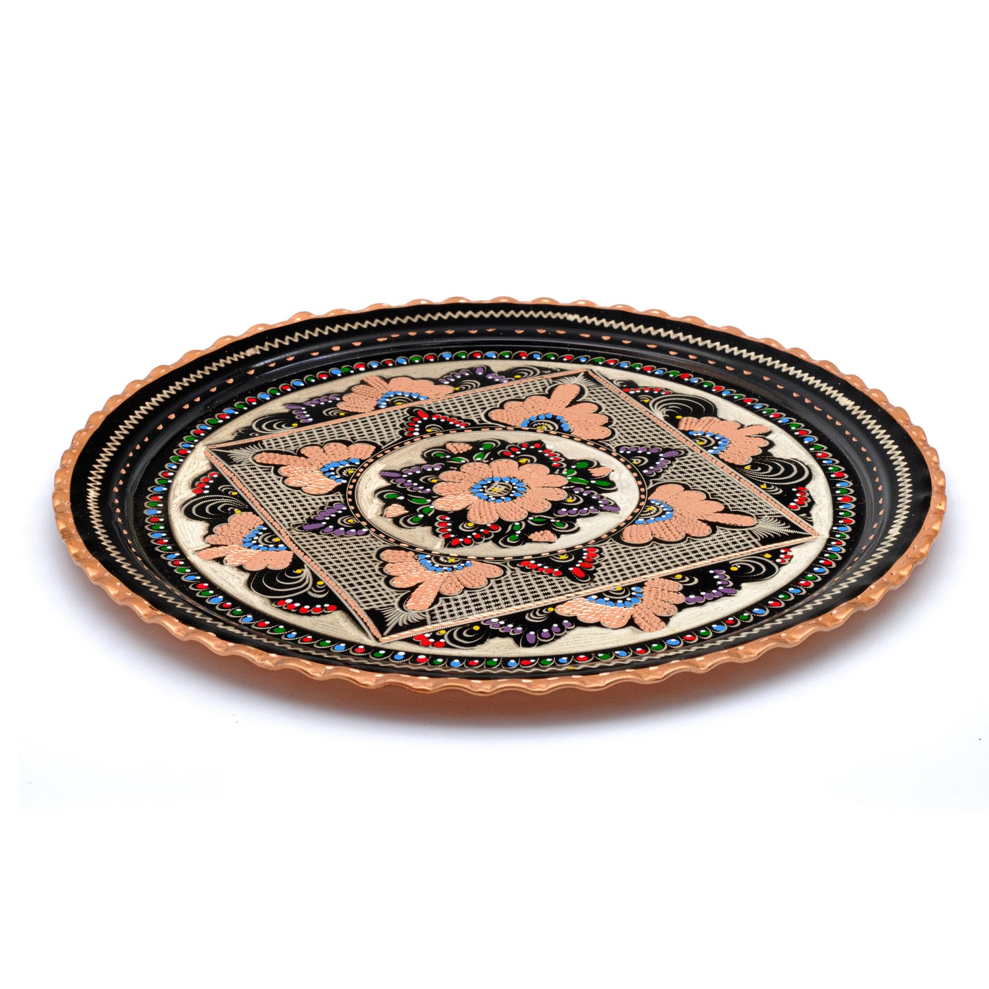 Bakır Yuvarlak Servis Tepsisi, 30/35 Cm, Mavi