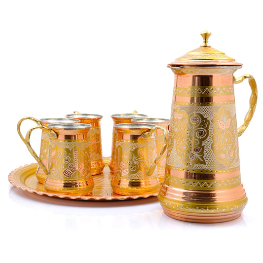Kapaklı Bakır Sürahi ve Tepsili Bardak Takımı, Altın