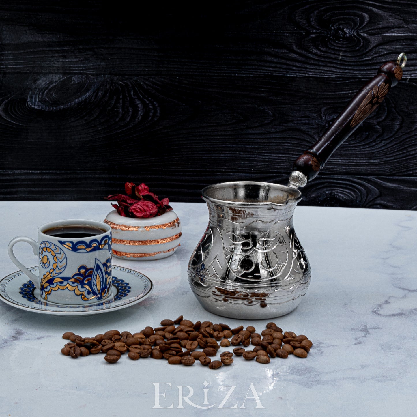 Gaziantep Tarzı El Yapımı Oyma İşlemeli Kalaylı Bakır Cezve