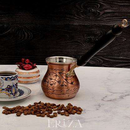 Gaziantep Tarzı El Yapımı Oyma İşlemeli Kalaylı Bakır Cezve