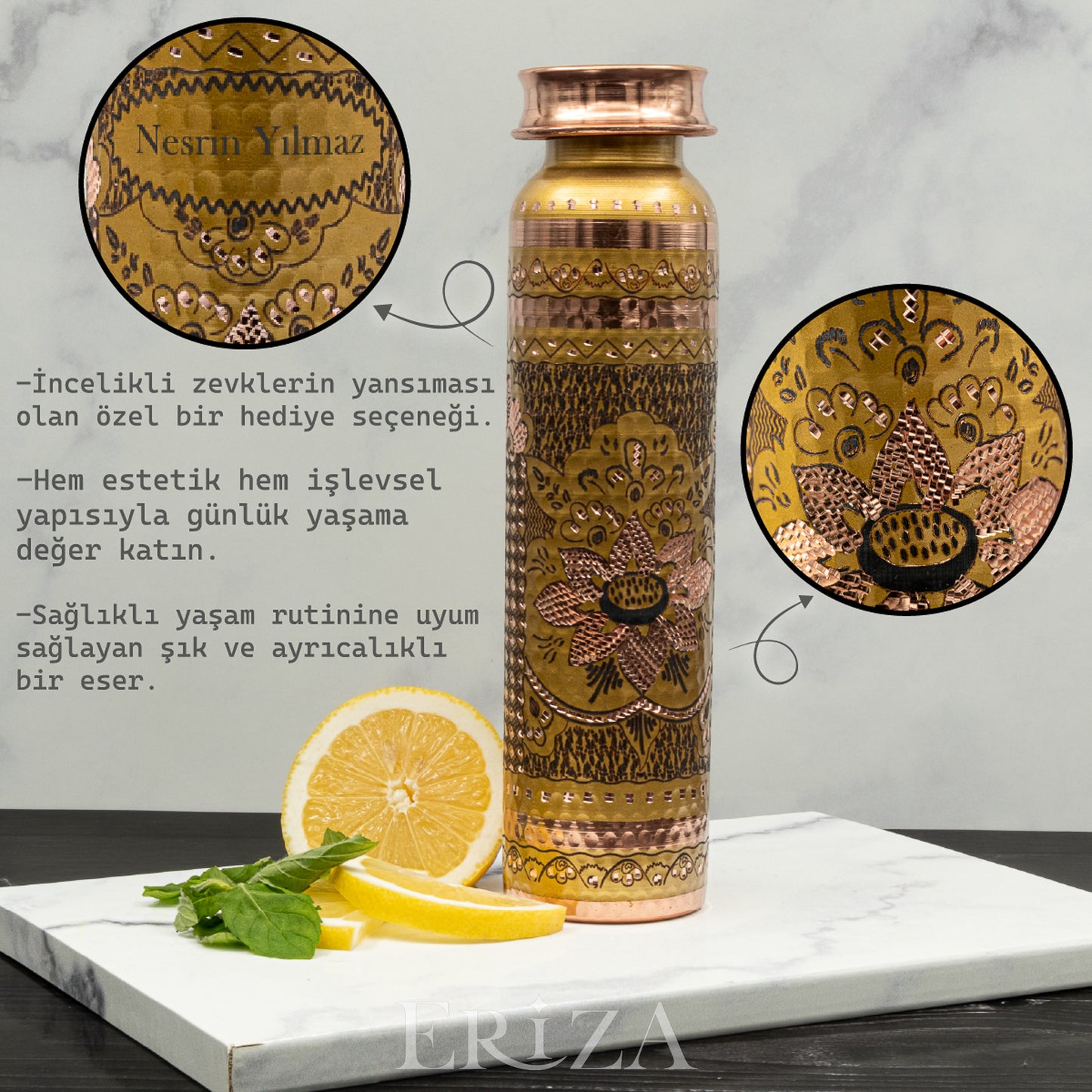 Gold Kişiselleştirilebilir Kalaylı Bakır Su Matarası 530 ml