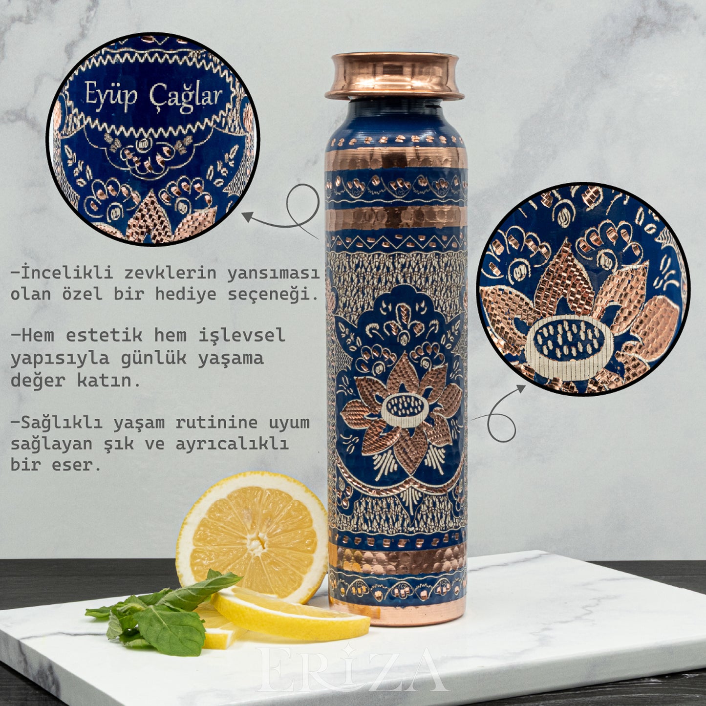 Mavi Kişiselleştirilebilir Kalaylı Bakır Su Matarası 530 ml