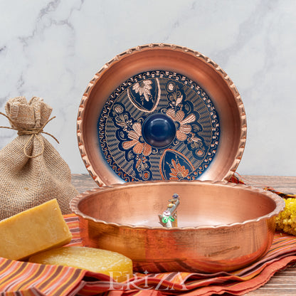Mavi El İşlemeli Balık Figürlü Bakır Hamam Tası