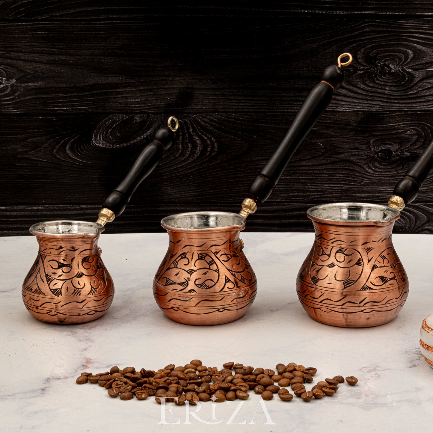 Gaziantep Tarzı El Yapımı Oyma İşlemeli Kalaylı Bakır Cezve