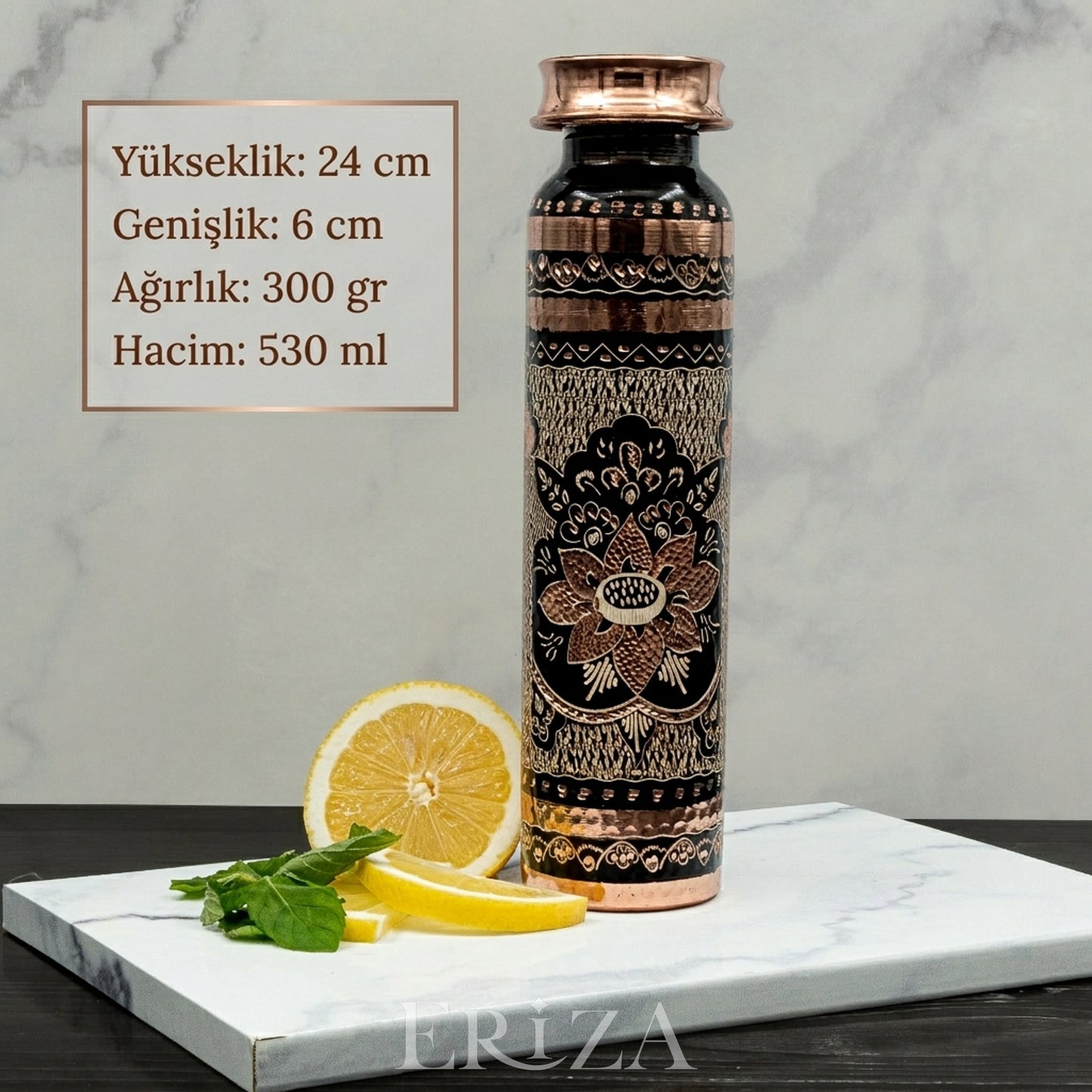 Siyah Kişiselleştirilebilir Kalaylı Bakır Su Matarası 530 ml
