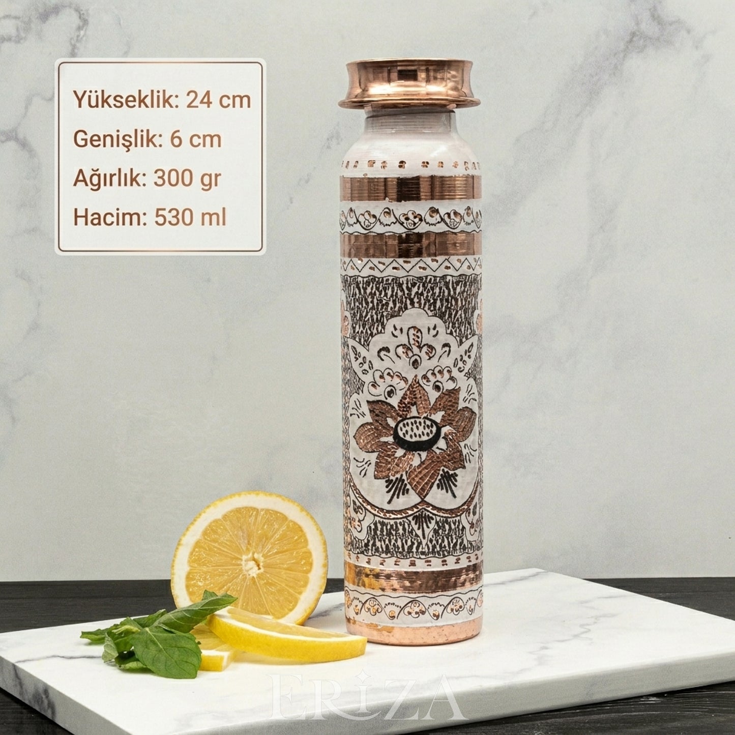 Beyaz Kişiselleştirilebilir Kalaylı Bakır Su Matarası 530 ml