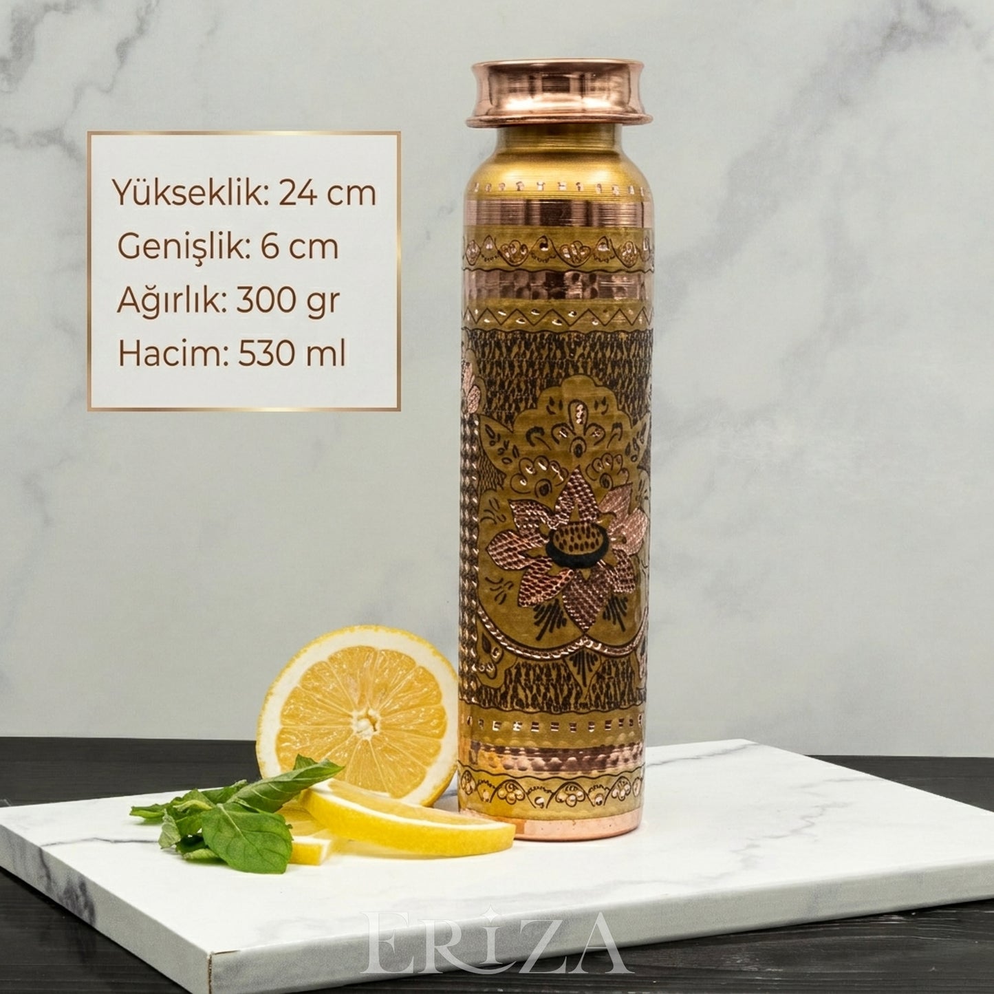 Gold Kişiselleştirilebilir Kalaylı Bakır Su Matarası 530 ml