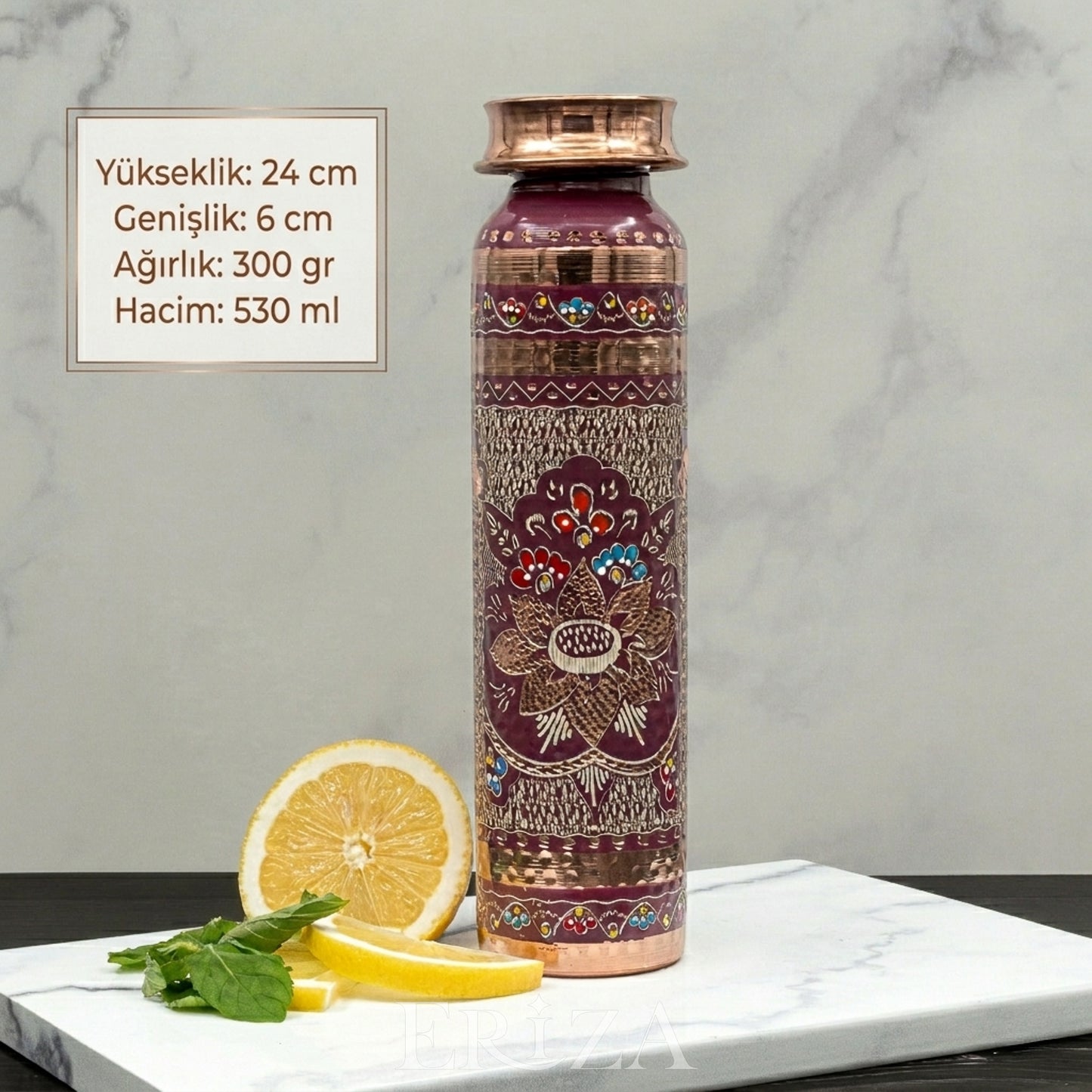 Lila Kişiselleştirilebilir Kalaylı Bakır Su Matarası 530 ml