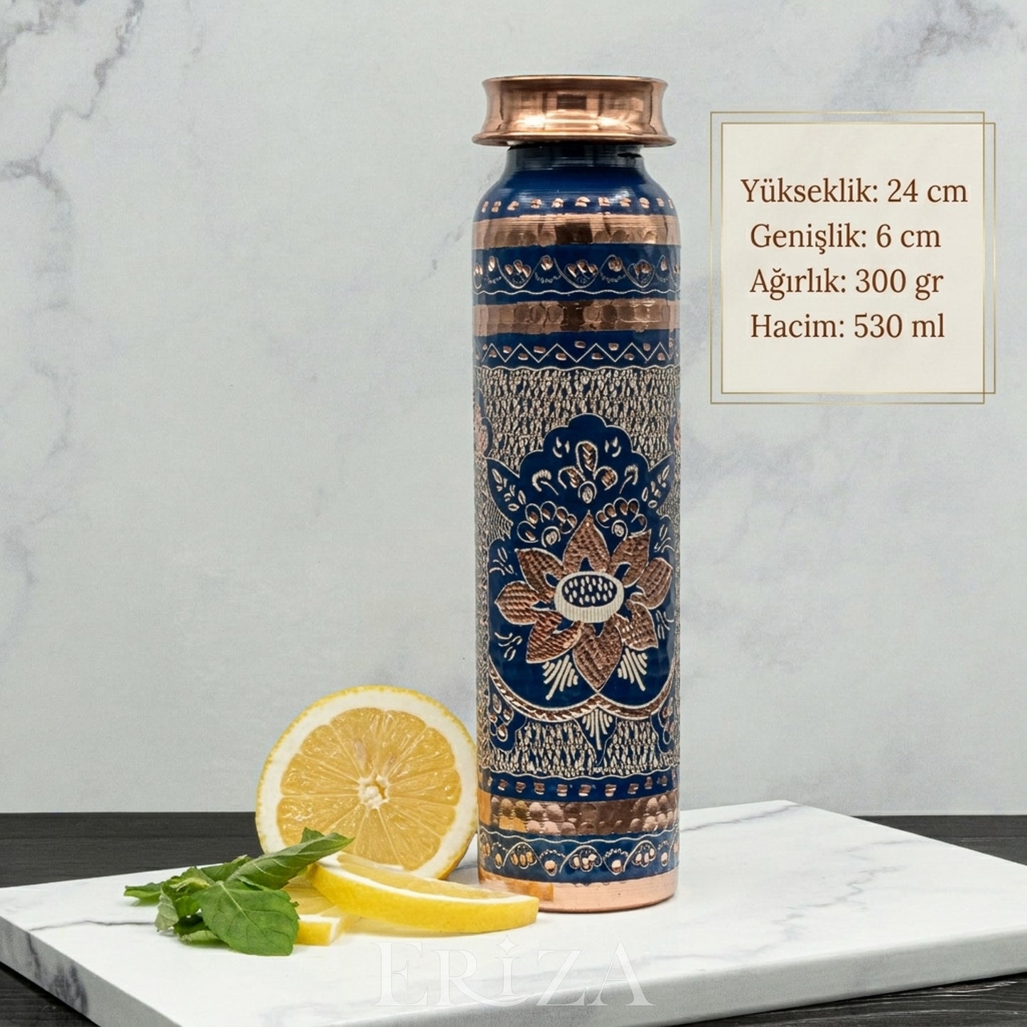 Mavi Kişiselleştirilebilir Kalaylı Bakır Su Matarası 530 ml