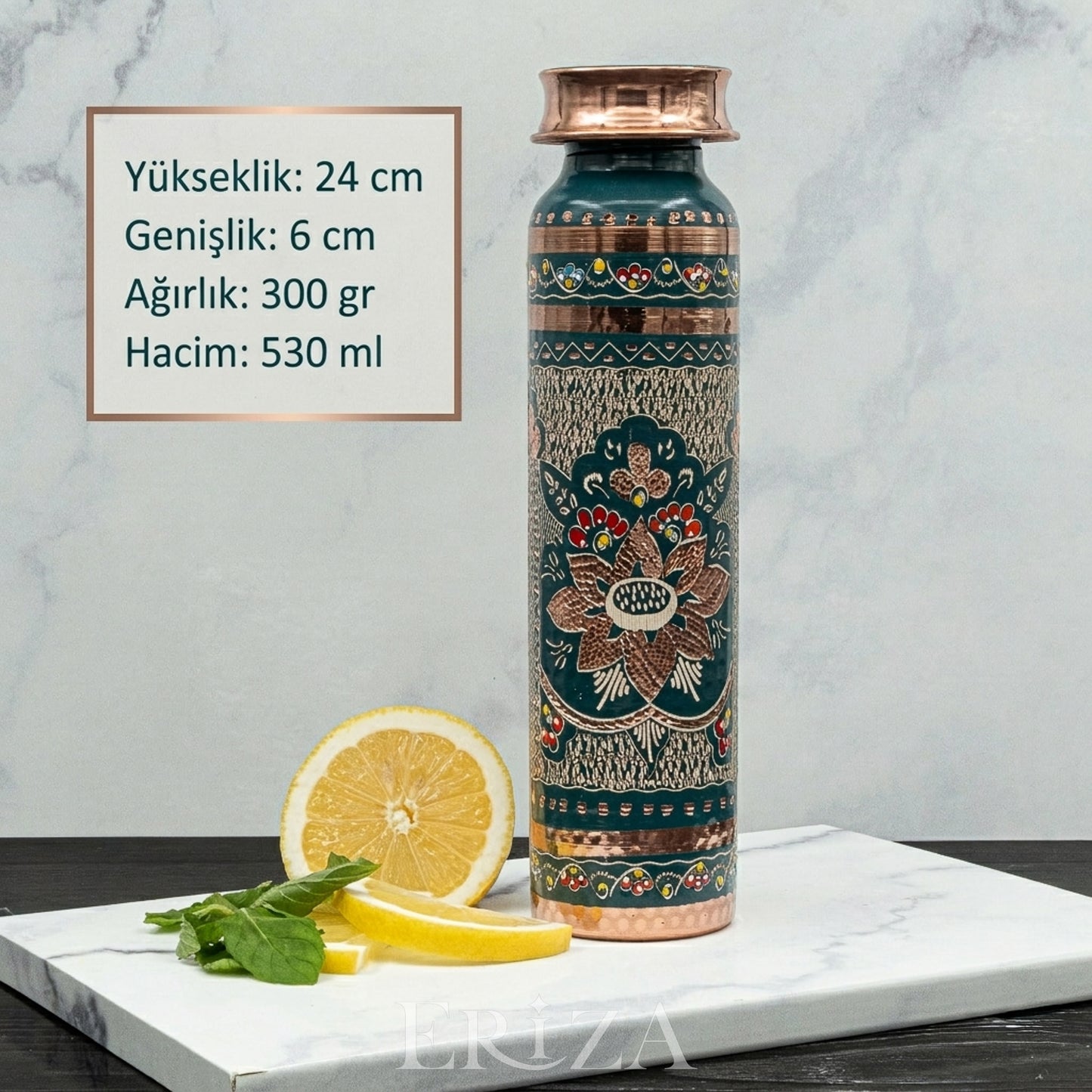 Yeşil Kişiselleştirilebilir Kalaylı Bakır Su Matarası 530 ml