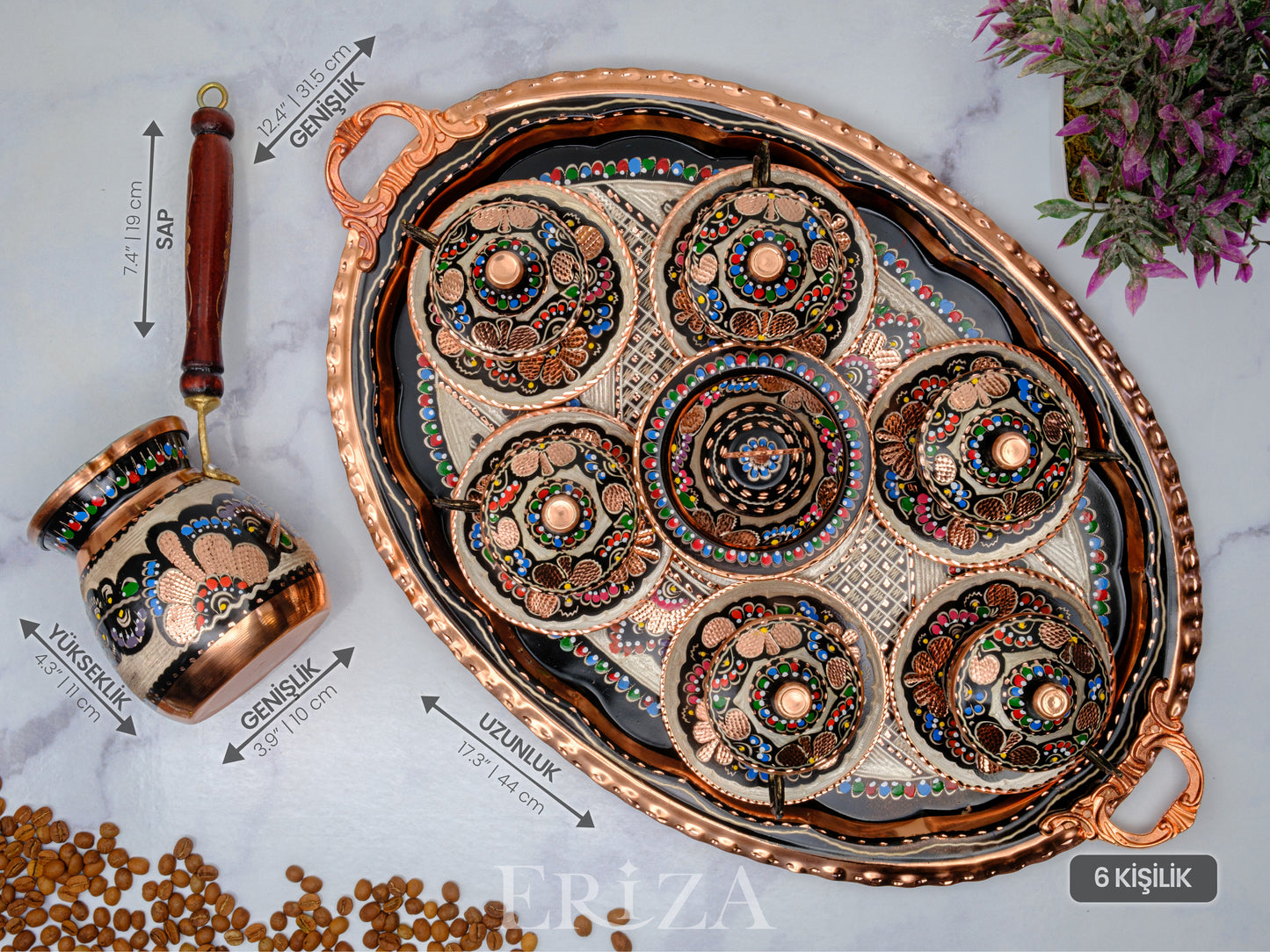 2-6 Kişilik Bakır Fincan Seti, Renkli