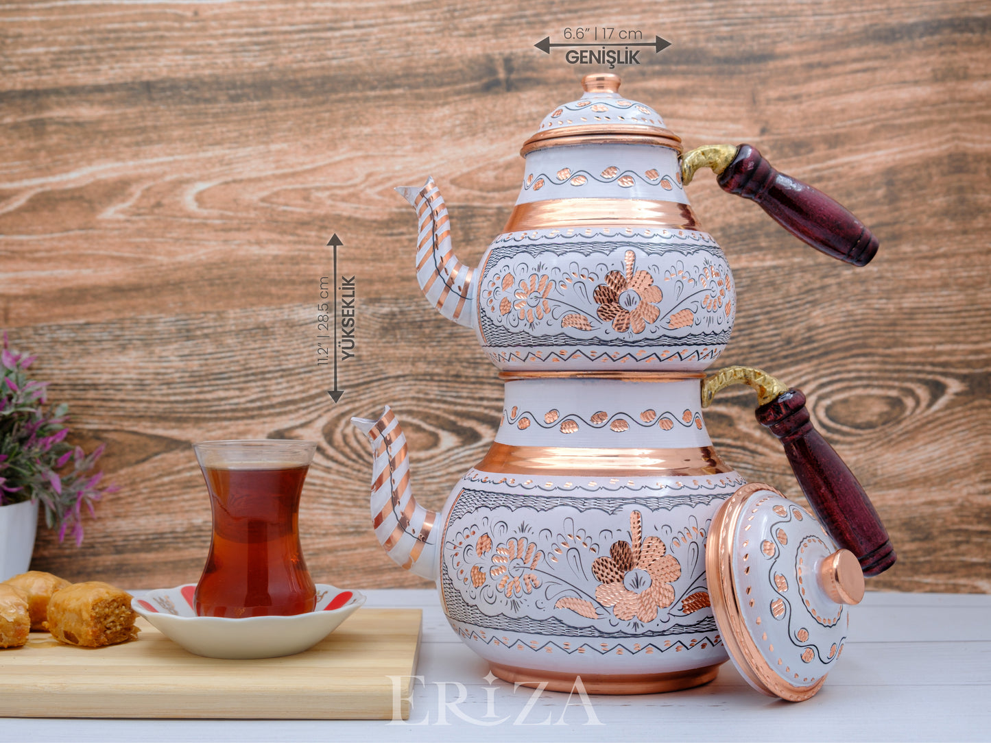 Bakır İkili Çaydanlık, 2850 Ml, Beyaz