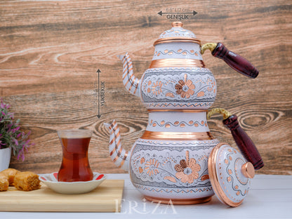 Bakır İkili Çaydanlık, 2850 Ml, Beyaz