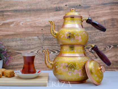 Bakır İkili Çaydanlık, 2850 Ml, Altın