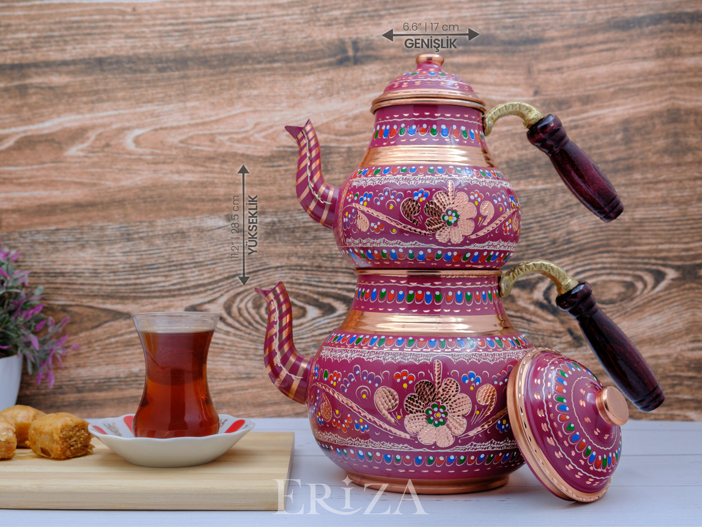 Bakır İkili Çaydanlık, 2850 Ml, Lila