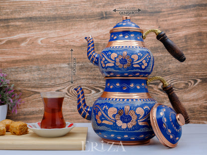 Bakır İkili Çaydanlık, 2850 Ml, Mavi