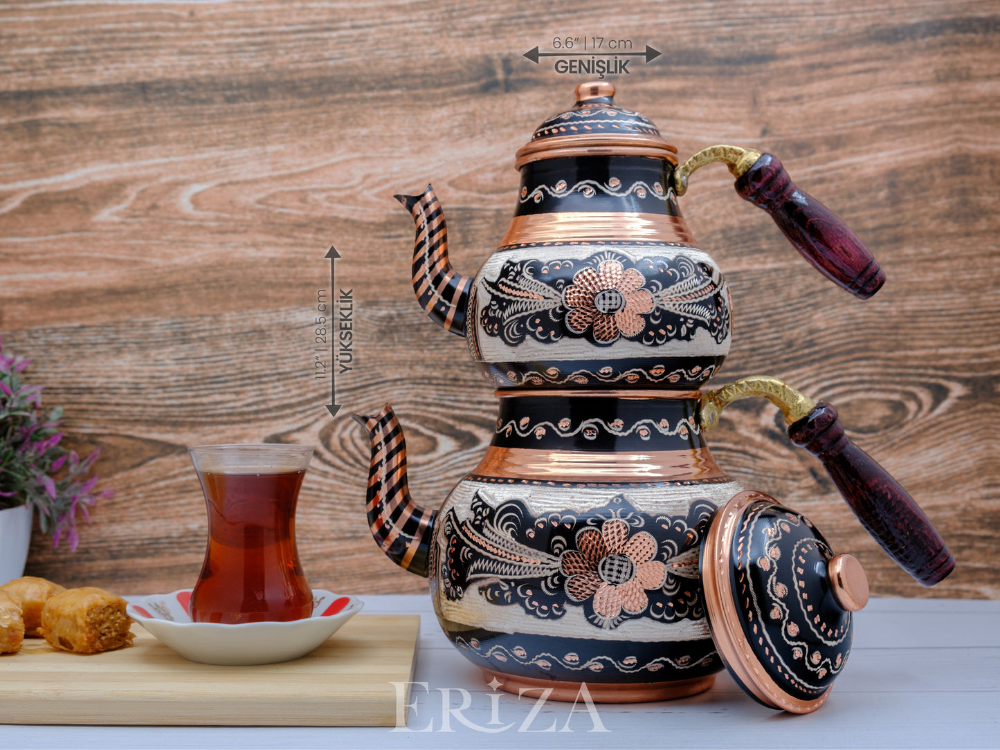 Bakır İkili Çaydanlık, 2850 Ml, Siyah