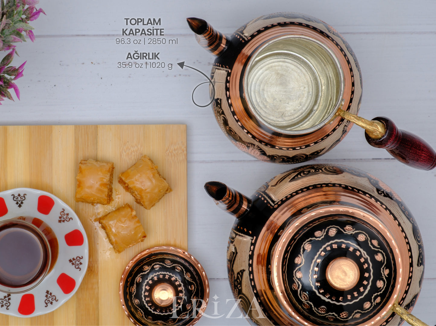 Bakır İkili Çaydanlık, 2850 Ml, Siyah