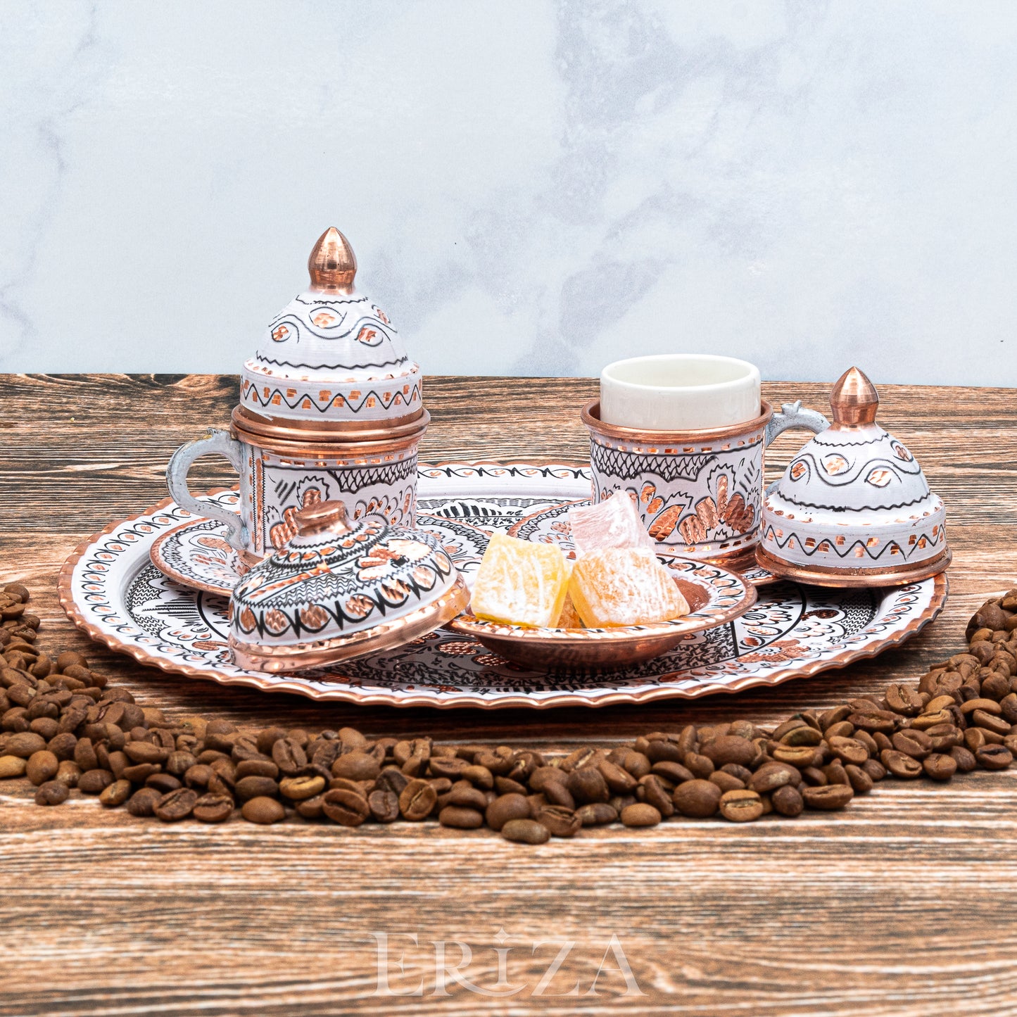 Fincanlı, Tepsili, Lokumluklu Özel Sunum Takımı, El İşlemesi Bakır Kahve Seti