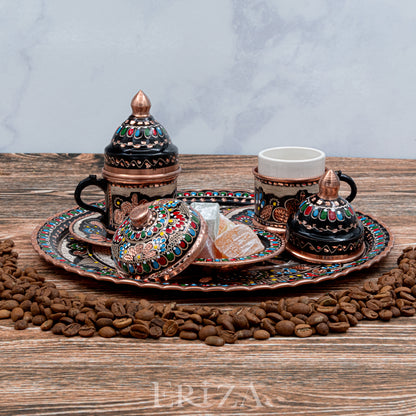 Fincanlı, Tepsili, Lokumluklu Özel Sunum Takımı, El İşlemesi Bakır Kahve Seti