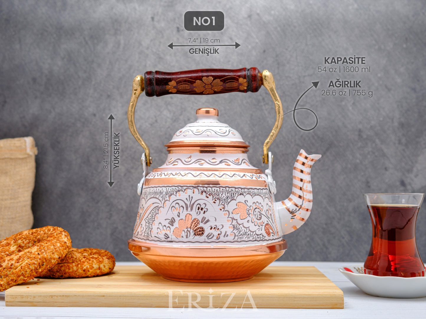 Bakır Çaydanlık, 1600 Ml-3200 Ml, Beyaz