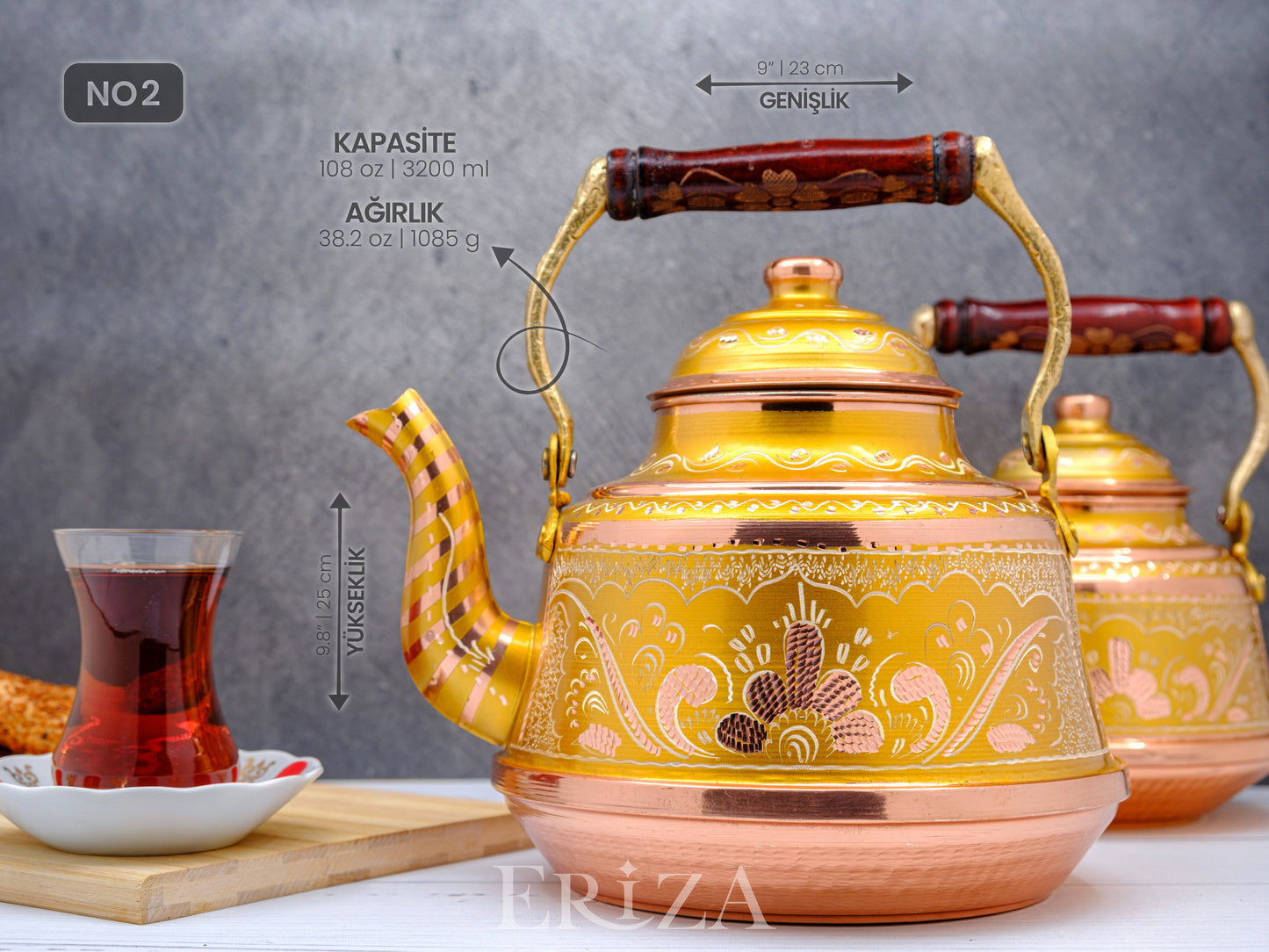 Bakır Çaydanlık, 1600 Ml-3200 Ml, Altın