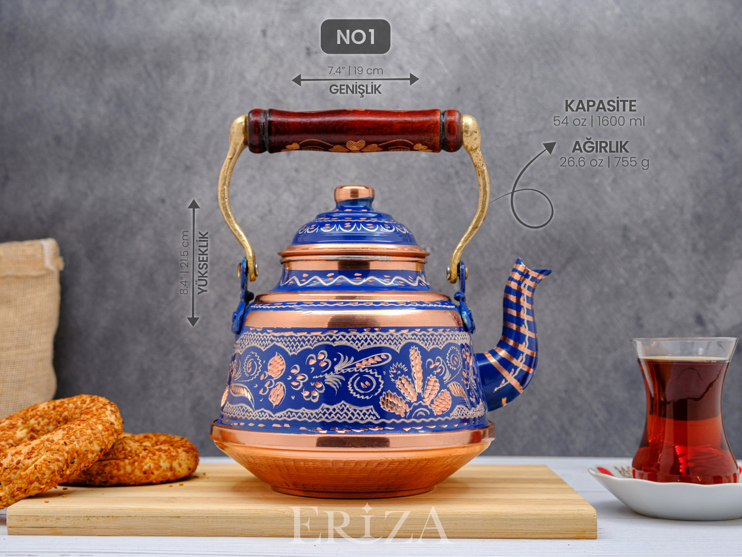 Bakır Çaydanlık, 1600 Ml-3200 Ml, Mavi