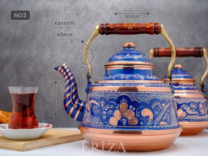 Bakır Çaydanlık, 1600 Ml-3200 Ml, Mavi