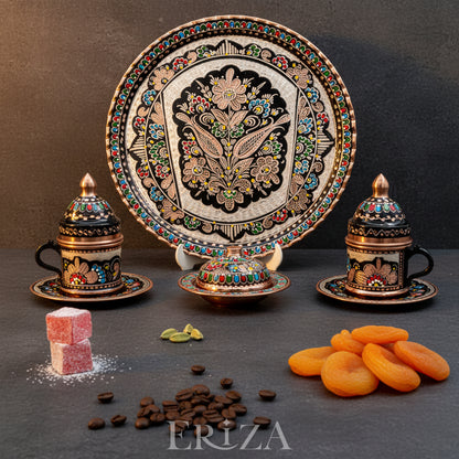Fincanlı, Tepsili, Lokumluklu Özel Sunum Takımı, El İşlemesi Bakır Kahve Seti