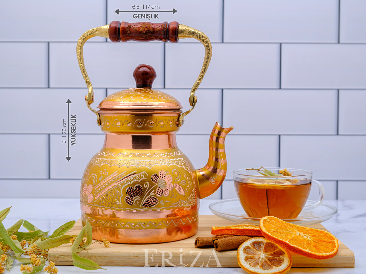 Bakır Küçük Boy Tekli Çaydanlık, 1300 Ml, Altın