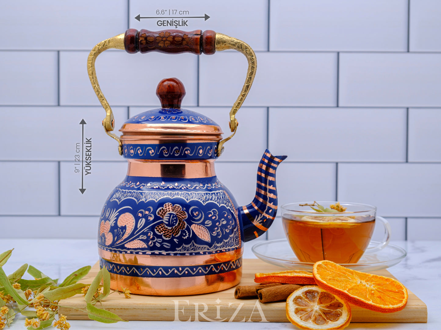 Bakır Küçük Boy Tekli Çaydanlık, 1300 Ml, Mavi