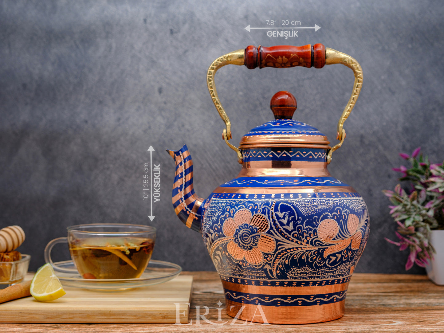 Bakır Nostaljik Çaydanlık, 1900 Ml, Mavi
